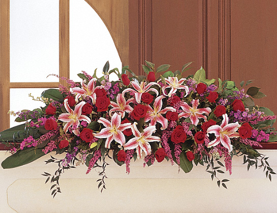 Amethyst and Ruby Casket Spray from Richardson's Flowers in Medford, NJ